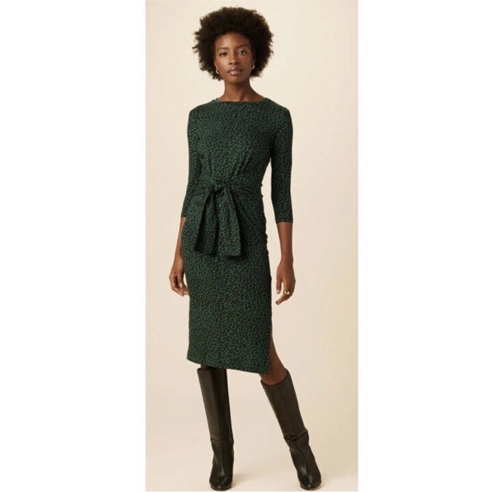 NEW Amour Vert Leopard Green Print Wrap Waist Dress size Medium